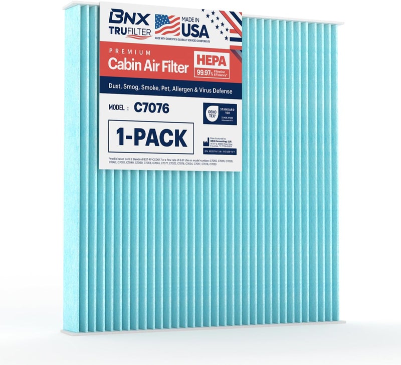 BNX TruFilter C7076 Cabin Air Filter, HEPA 99.97%, MADE IN USA, Compatible With Cadillac: Escalade; Chevrolet: Silverado, Suburban, Tahoe; GMC: Sierra, Yukon, Yukon XL - Image 1